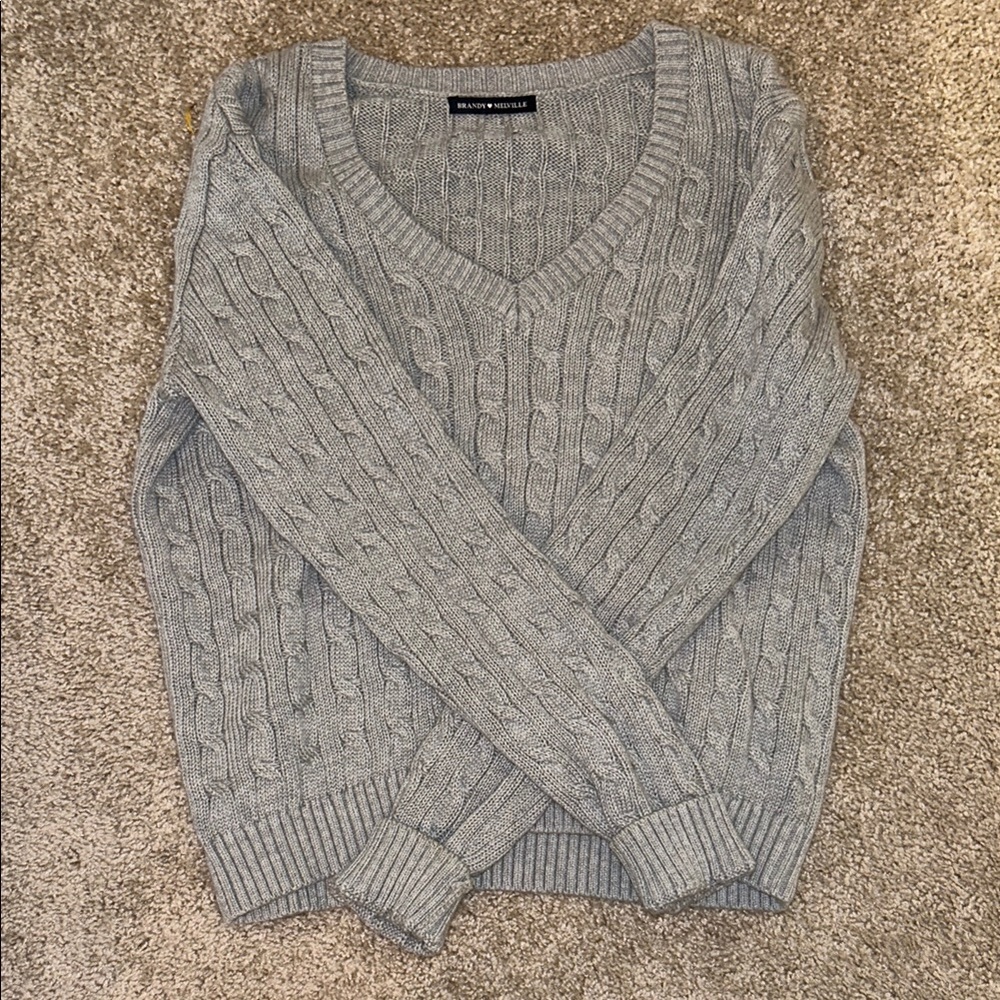 Brandy Melville Gray V-Neck Sweater Timeless Ribbed Design
